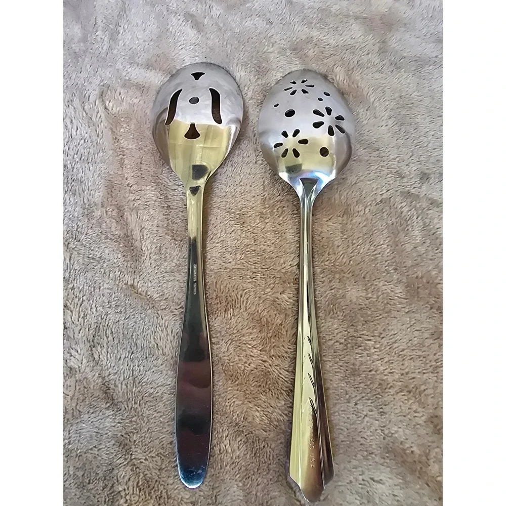Vintage EKCO Stainless USA Slotted Serving Spoons Set Floral Geometric Silver